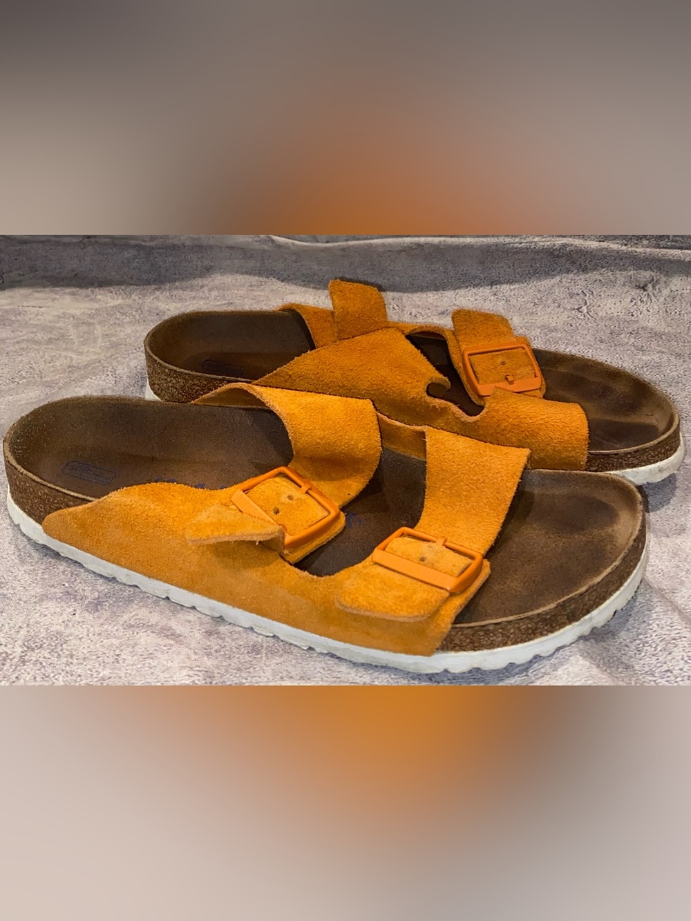 Birkenstock Arionza Orange Suede Slip On Strappy Sandals Slides 40 7 Narrow Soft